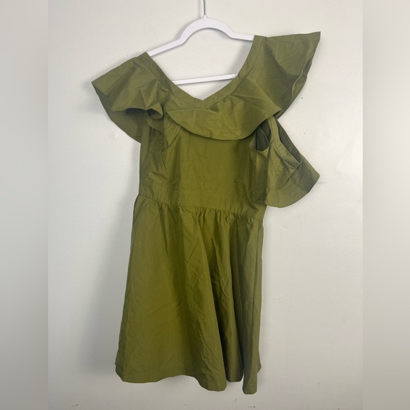 J.O.A olive green asymmetrical ruffle sleeve dress size medium - Picture 7 of 8